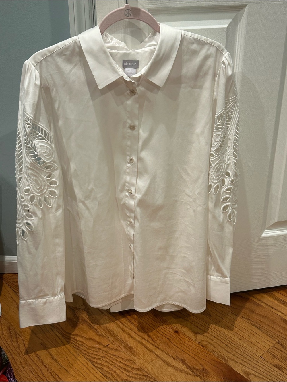 Chico's White Button-Front Shirt with Embroidered Sleeves Size 3